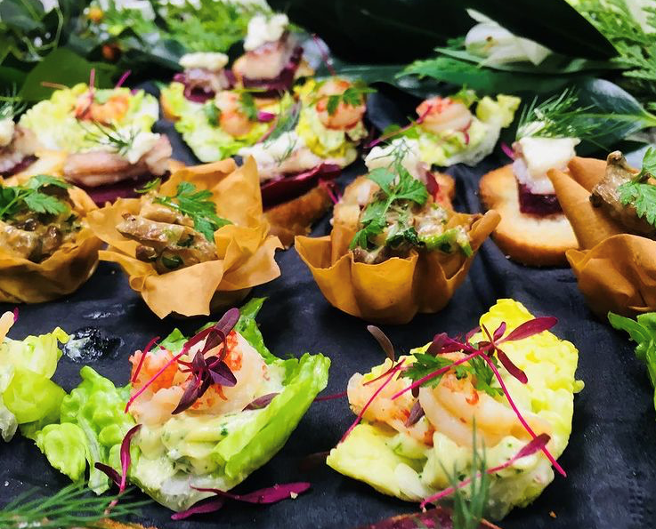 Canapés with king prawns, microgreens and garnish at The Red Lion, Soham