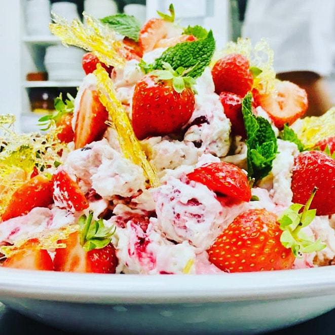 Eton mess with fresh strawberries, cream and spun sugar at The Red Lion