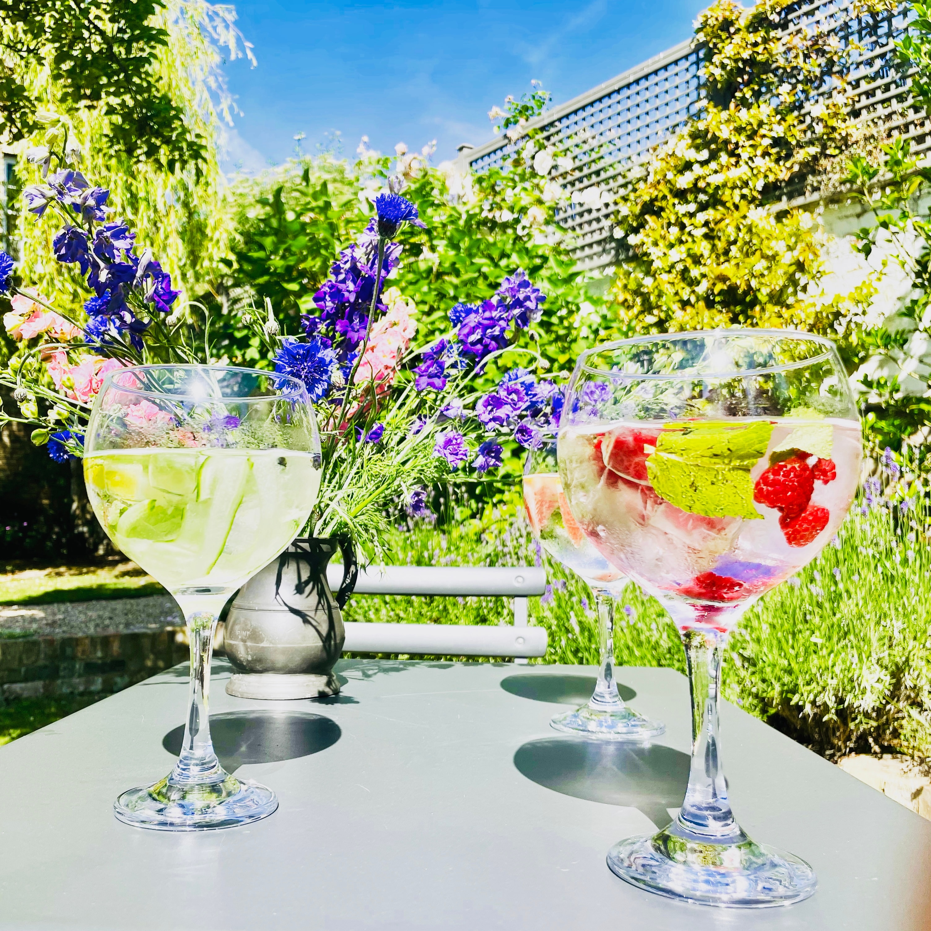 Gin and tonics with raspberries and cucumber in the summer garden