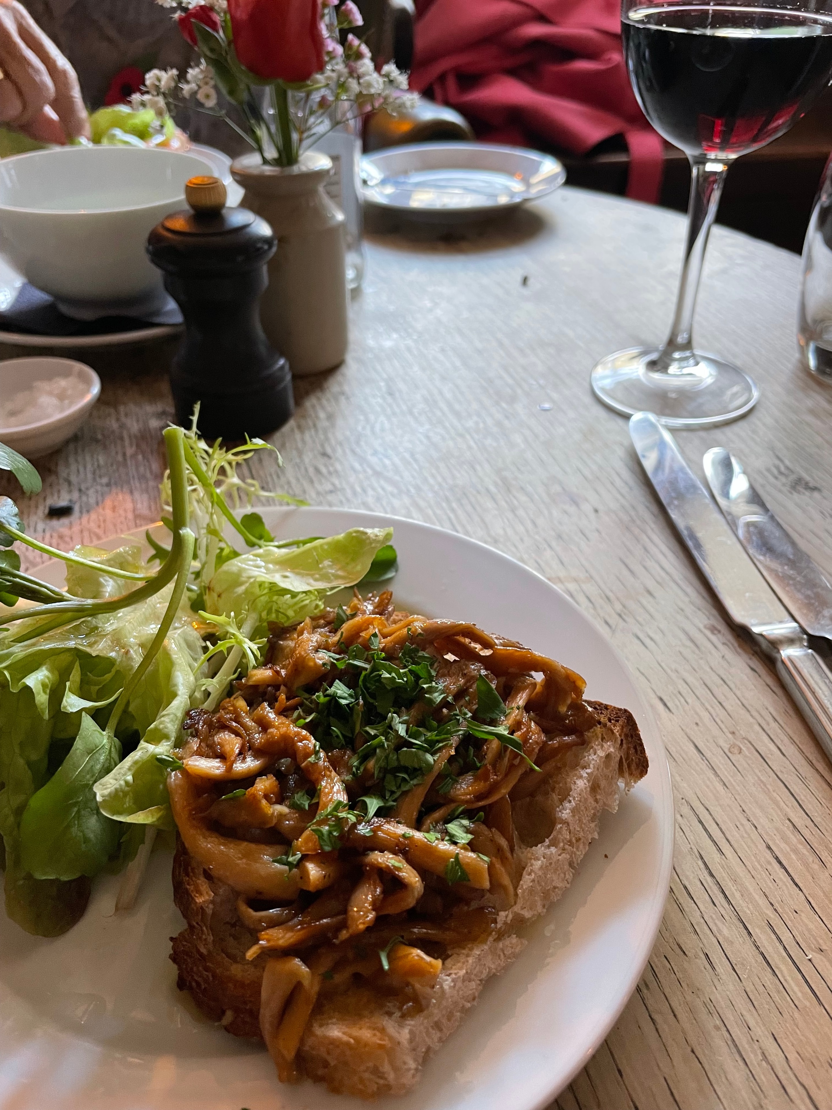 Guest photo: wild mushrooms on sourdough toast with dressed salad at The Red Lion, Soham