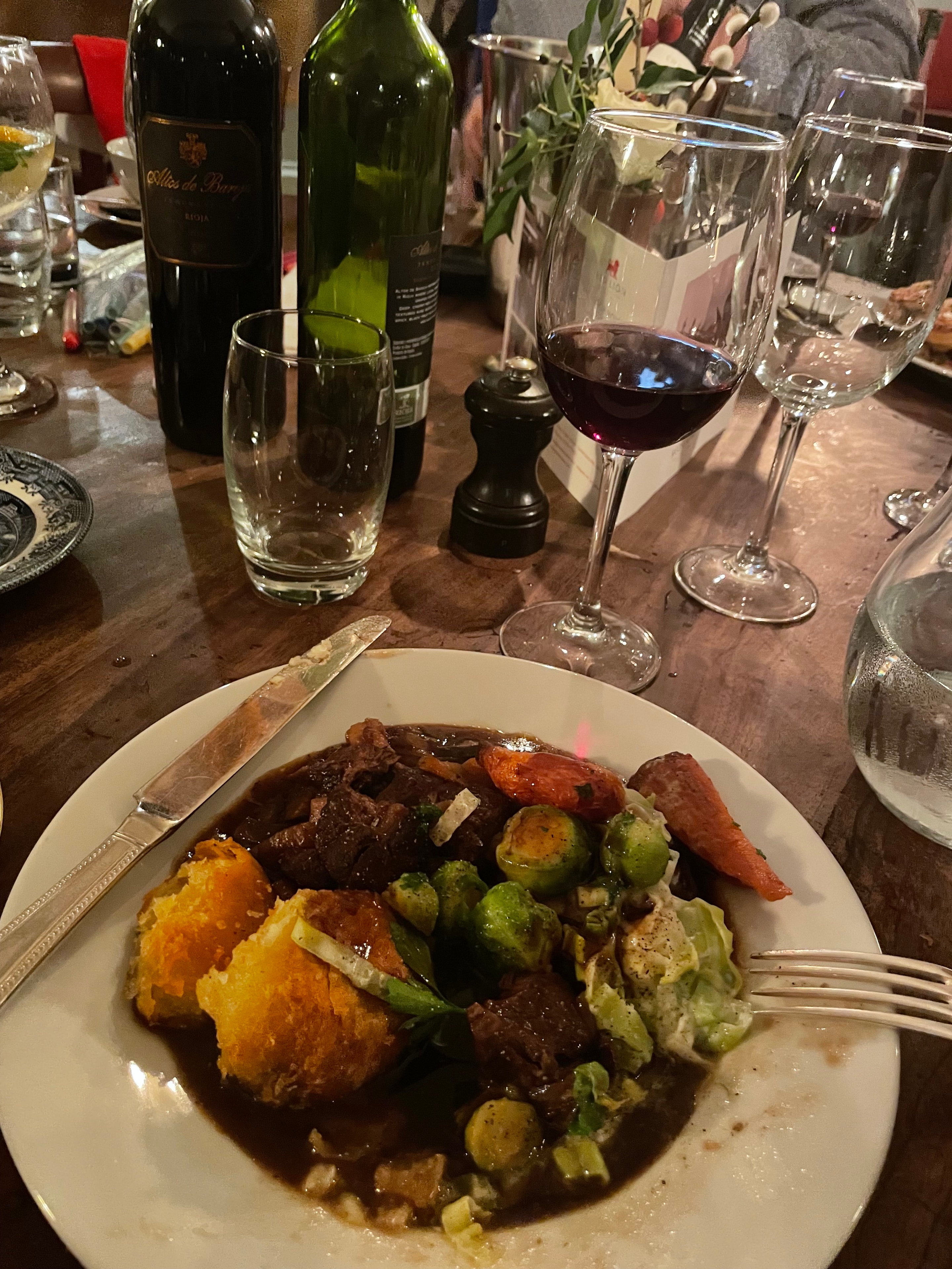 Guest photo: braised beef with Brussels sprouts, roast carrots and crispy potatoes at The Red Lion, Soham