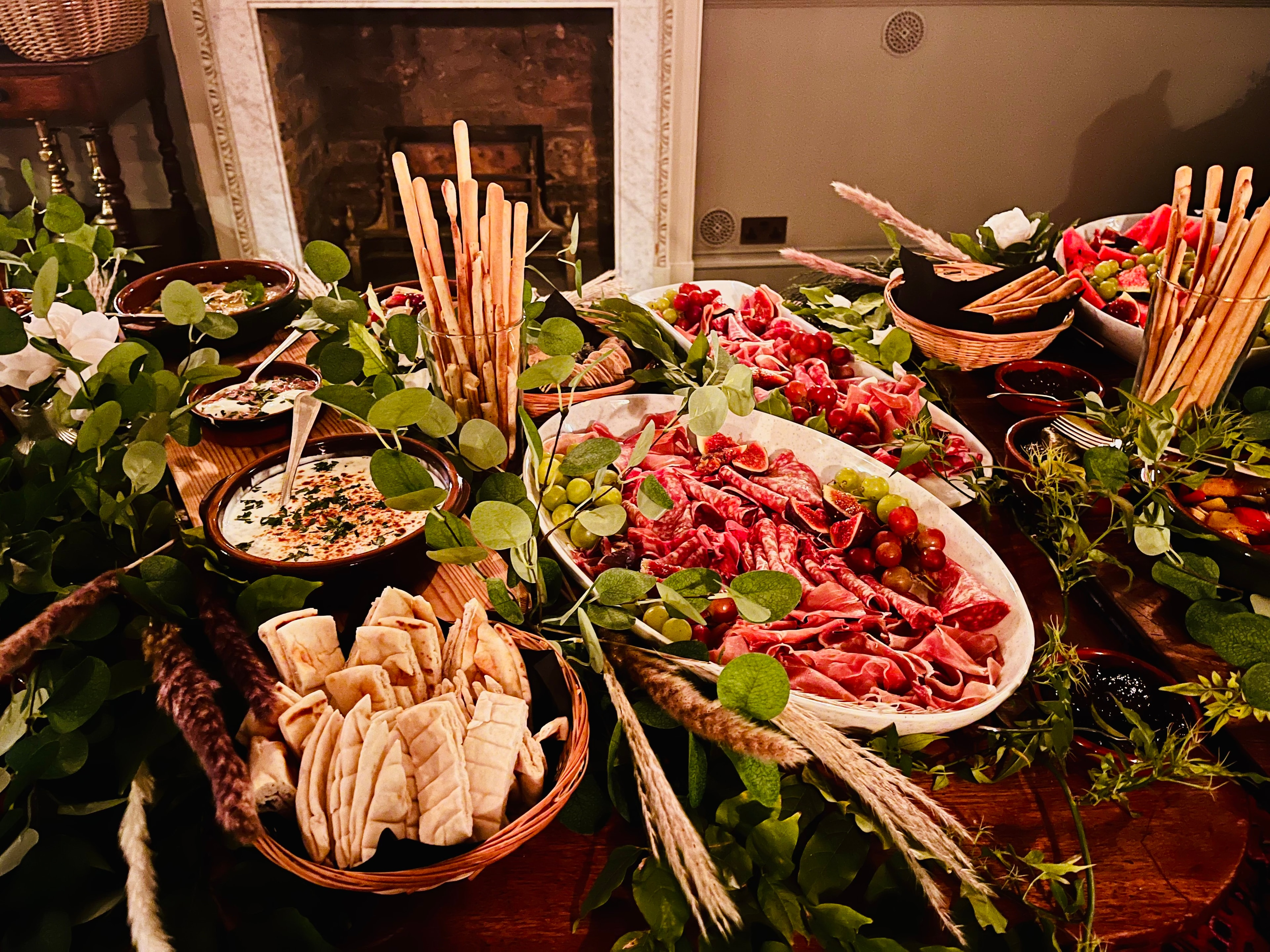 Grazing table with charcuterie, dips and flatbreads at The Red Lion